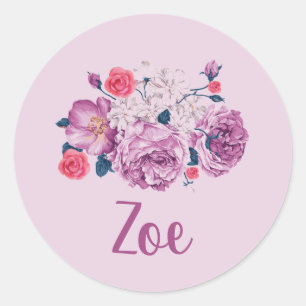 Sticker Rond Zoe Nom Fleur Personnalisé Fleur Vintage Fille Ros