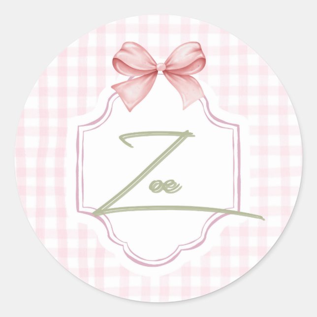 Sticker Rond Zoe personnalisée Baby Girl Nursery Bow&En vichy (Devant)