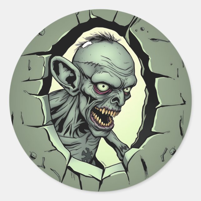 Sticker Rond Zombie en train de sortir du mur Halloween (Devant)