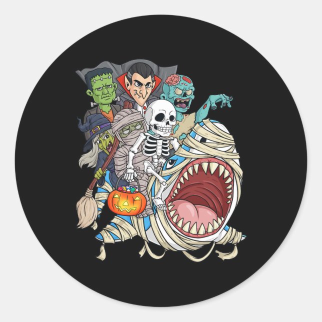 Sticker Rond Zombie Riding maman requin Vampire Halloween Pumpk (Devant)