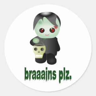 Sticker Rond Zombie Trick-or-Traating mignon - "braaains plz"