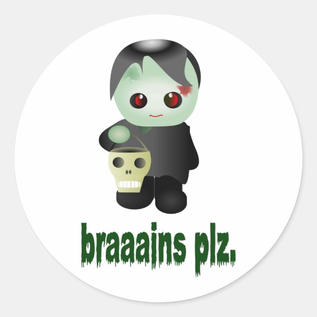 Sticker Rond Zombie Trick-or-Traating mignon - "braaains plz" (Devant)