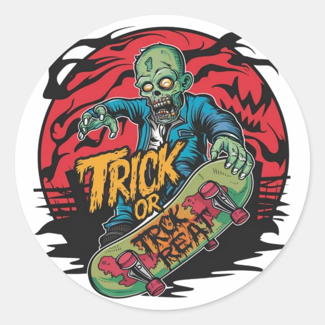 Sticker Rond Zombies sur skateboards à Halloween (2) (Devant)