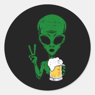 Sticker Rond Zone-51 Alien Beer Peace Sign Lazy Drinking Hallow