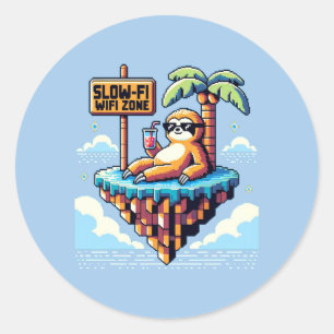 Sticker Rond Zone WiFi Lente - Drôle Pixel Art Sloth Vacation