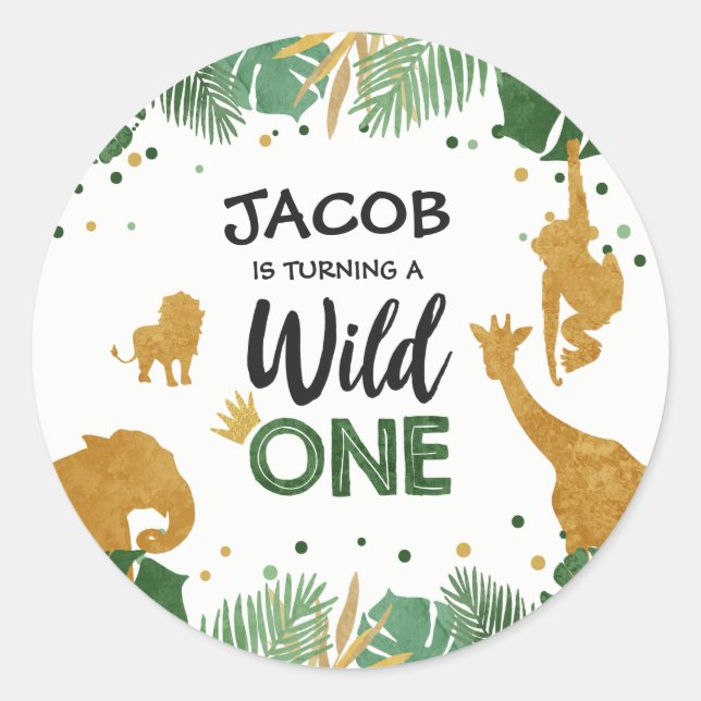 Sticker Rond Zoo Party Favoriser Tags Safari Jungle Wild One (Devant)