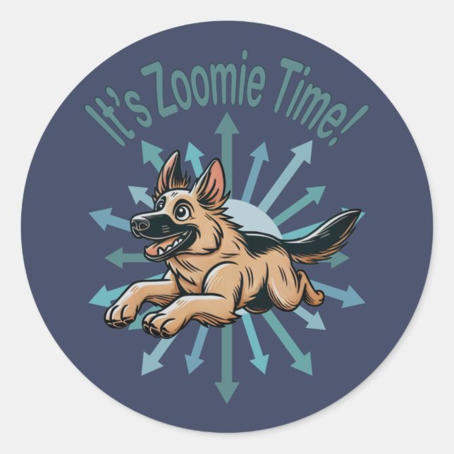 Sticker Rond Zoomie Time German Shepherd (Devant)