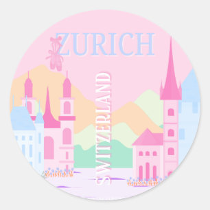 Sticker Rond Zurich Travel Art, Suisse, Pink Preppy