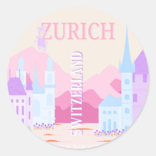 Sticker Rond Zurich Travel Art, Suisse, Pink Preppy Travel