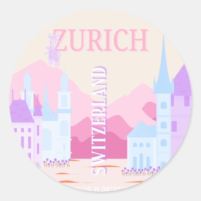 Sticker Rond Zurich Travel Art, Suisse, Pink Preppy Travel (Devant)