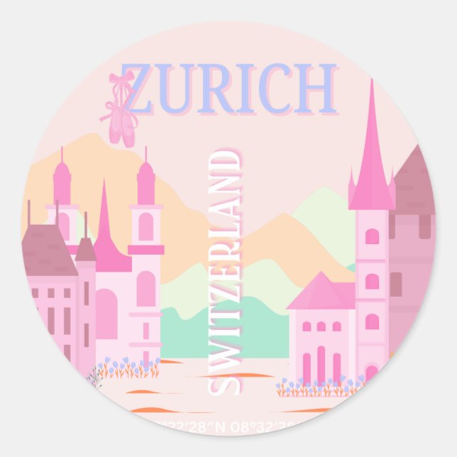 Sticker Rond Zurich Travel Art, Suisse, Pink Retro Travel (Devant)