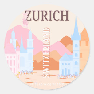 Sticker Rond Zurich Travel Art, Suisse, Retro Travel Art