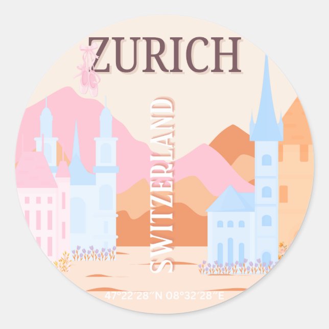 Sticker Rond Zurich Travel Art, Suisse, Retro Travel Art (Devant)