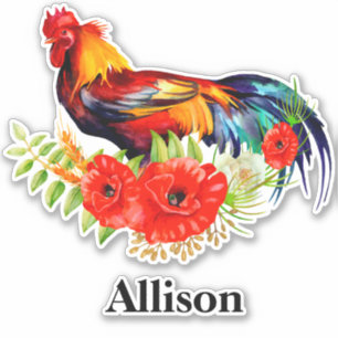 Sticker Rooster avec des pavots Nom personnalisé