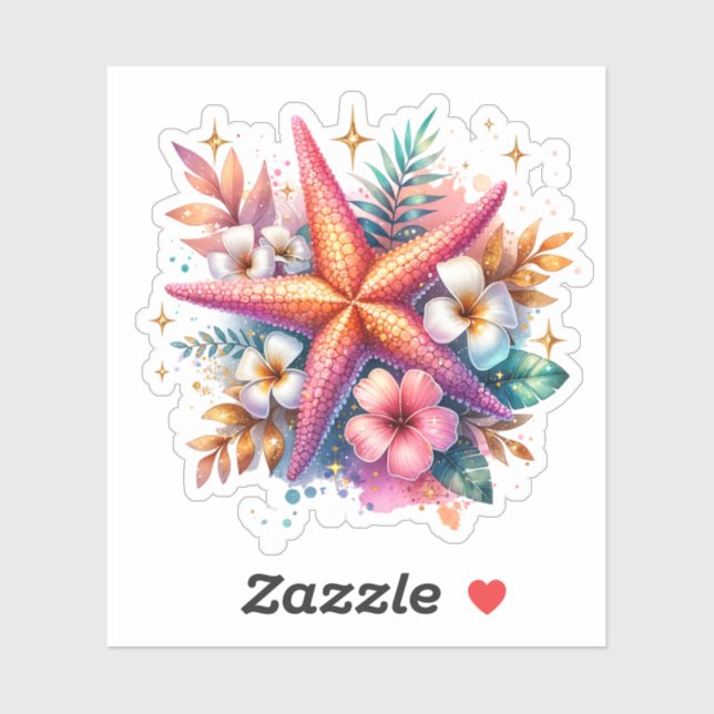 Sticker Rose, Bleu et Étoile de Mer Côtière Dorée (Feuille)