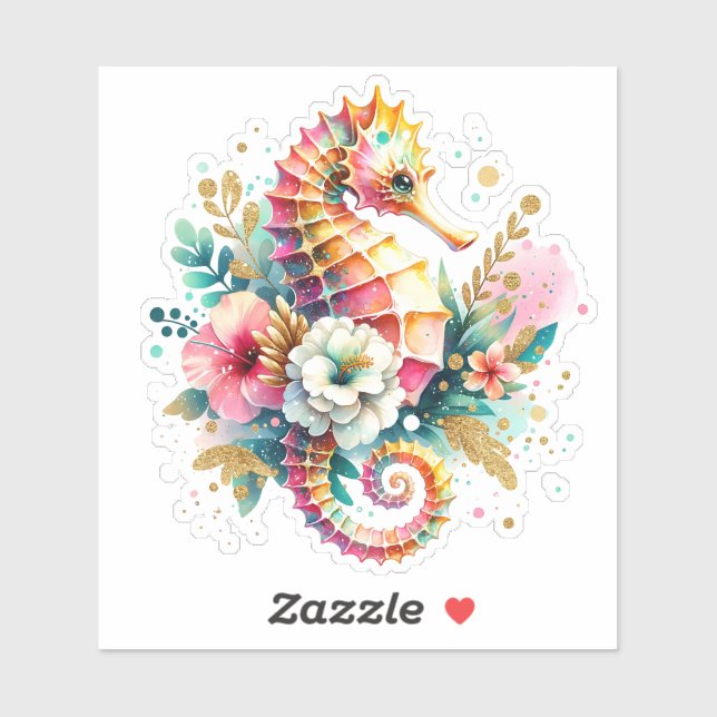 Sticker Rose, Bleu et Or Hippocampe de Style Côtier Plage (Feuille)