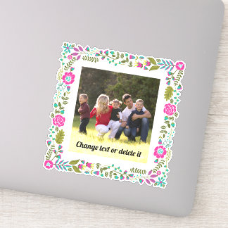 Sticker Rose chaud, aqua et cadre floral vert avec photo