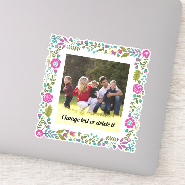 Sticker Rose chaud, aqua et cadre floral vert avec photo (Détail)