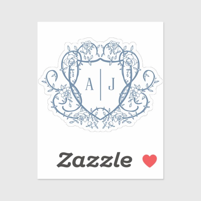 Sticker Rose Débridée Monogramme Crête Acier Bleu Mariage (Feuille)