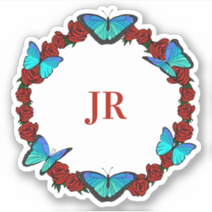 Sticker Roses rouges et papillons bleus Monogram Wreath