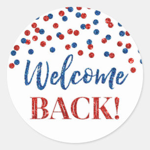 Sticker rouge bleu Confetti Welcome Back Round