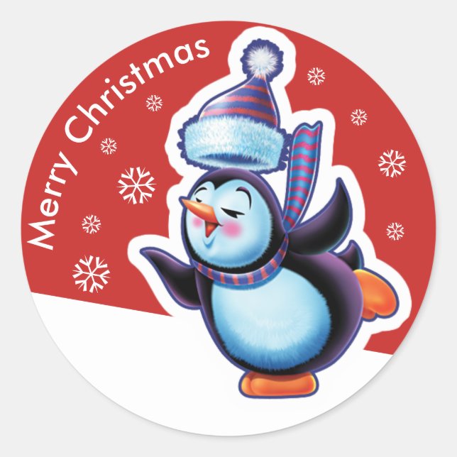 sticker rouge de Noël rond Pingouin patinage. (Devant)