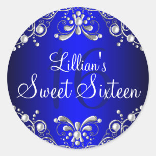 Sticker Royal Blue Silver Pearl Damask Sweet 16