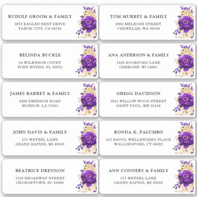 Sticker Royal Purple Gold Floral Mariage Adresse d'hôte (Devant)