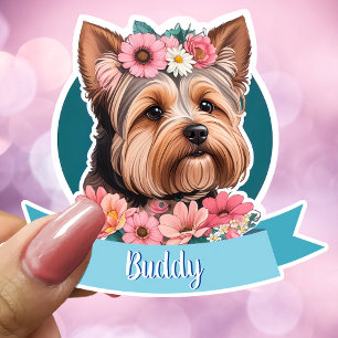 Sticker Ruban bleu, Yorkshire & fleurs roses personnalisés