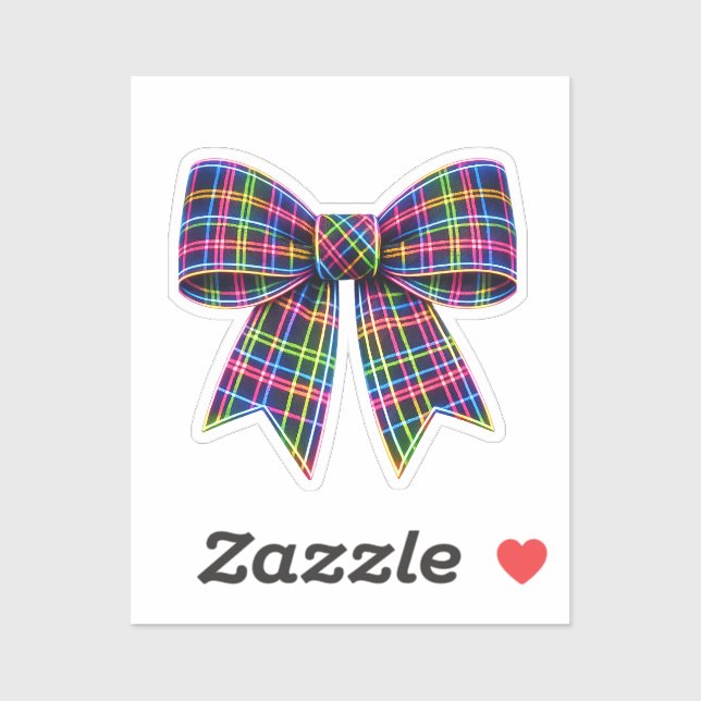 Sticker Ruban Tartan à Nœud Néon Rose Écossais Mignon (Feuille)