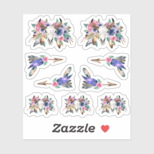 Sticker Russe Floral Vache Crâne Aquarelle Boho Flèches