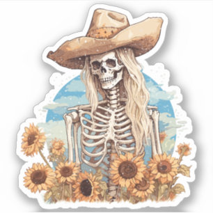Sticker Russe Western Cowgirl Squelette avec tournesol