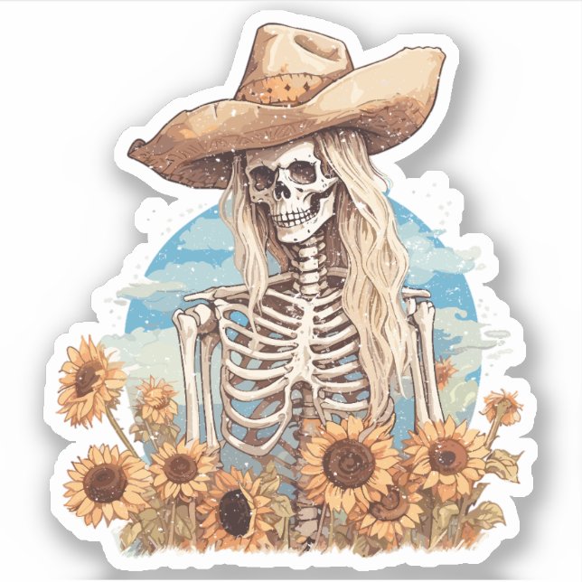 Sticker Russe Western Cowgirl Squelette avec tournesol (Devant)