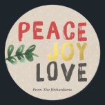 Sticker Rustic Gold Peace Joy and Love Christmas<br><div class="desc">Cet autocollant rustique de paix or et d'amour Noël est parfait pour les cadeaux de vacances, labelliser des gâteaux faits maison, ou pour vos artisanats de vacances. Le texte a un style de texte brosse avec Joy écrit en faux feuille d'or. L'arrière - plan en papier kraft a de petits...</div>