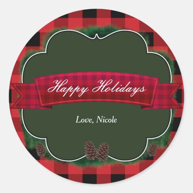 Sticker Rustic Holiday Red Plaid & Pinecones (Devant)