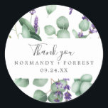 Sticker Rustic Lavender Merci Favoriser<br><div class="desc">Ces autocollants de lavande rustique vous remercient sont parfaits pour une réception de mariage extérieure simple et élégante. Le design floral présente des feuilles d'eucalyptus aquarelle et de la verdure avec des sprigs de fleurs sauvages violets. Personnalisez les étiquettes autocollants avec vos noms, l'événement (le cas échéant) et la date....</div>