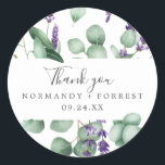 Sticker Rustic Lavender Merci Favoriser<br><div class="desc">Ces autocollants de lavande rustique vous remercient sont parfaits pour une réception de mariage extérieure simple et élégante. Le design floral présente des feuilles d'eucalyptus aquarelle et de la verdure avec des sprigs de fleurs sauvages violets. Personnalisez les étiquettes autocollants avec vos noms, l'événement (le cas échéant) et la date....</div>
