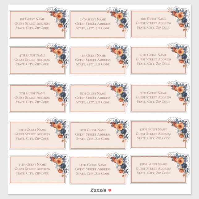 Sticker Rustique Burnt Orange & Blue Floral Mariage Invité (Feuille)