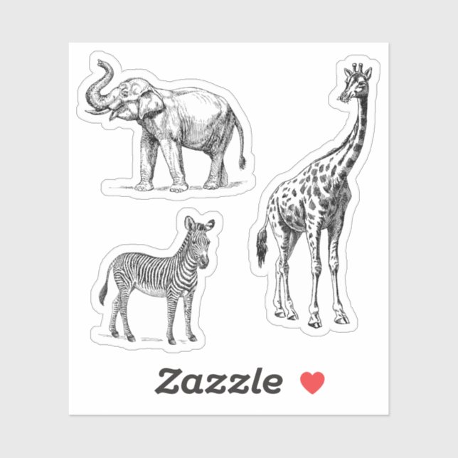 Sticker Safari Animals Elephant Giraffe Zebra Vintage Look (Feuille)