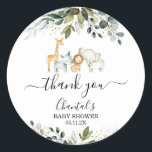 Sticker Safari Foliage Baby shower Favoriser<br><div class="desc">Baby shower de feuillage Safari Favor Sticker baby shower safari neutre genre avec un arrangement de feuillage gris,  vert et or en haut et à la base du design ainsi que quatre animaux de safari ou de jungle mignons.</div>