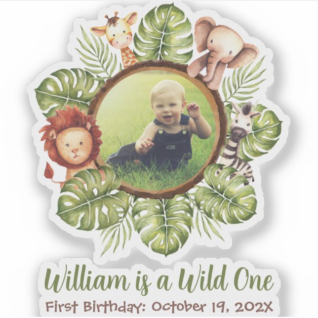 Sticker Safari Wild One Photo Cute Animaux Feuilles verts (Devant)
