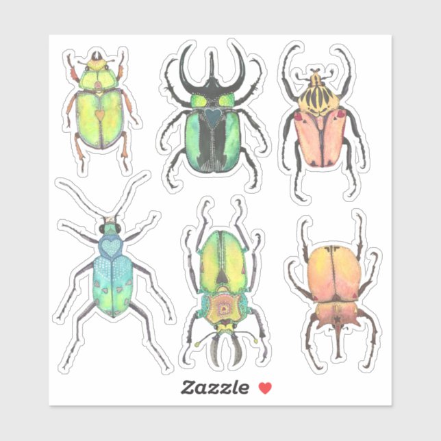 Sticker Saint Valentin Amour Bugs Aquarelle Beetles (Feuille)