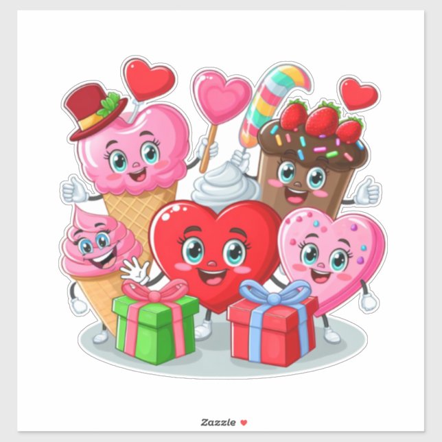 Sticker Saint Valentin coeur et bonbons amis (Feuille)