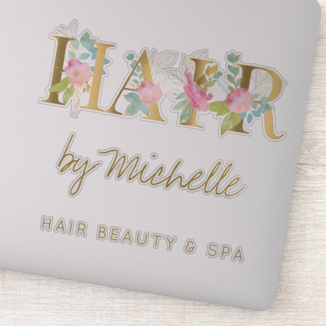 Sticker Salon de cheveux nom or et rose floral typographie (Détail)