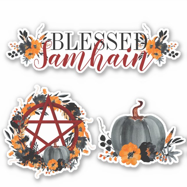 Sticker Samhain Pentacle et Citrouilles à la florale noire (Devant)