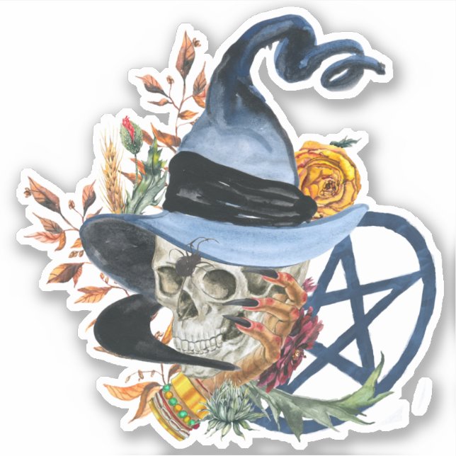 Sticker Samhain Witch Skull & Blue Pentacle (Devant)