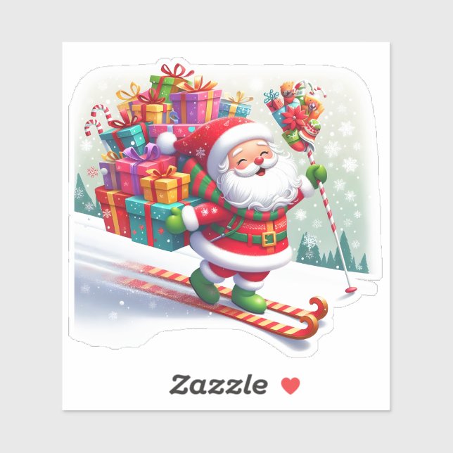 Sticker Santa Skiing With Gifts on Snowy Slope (Feuille)