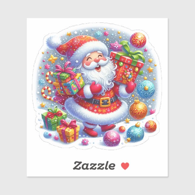 Sticker Santa With Gifts Under Snowflakes (Feuille)
