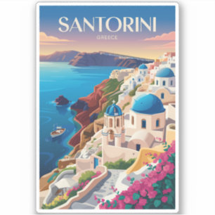 Sticker Santorin Grèce Dôme Bleu Voyage Art Vintage
