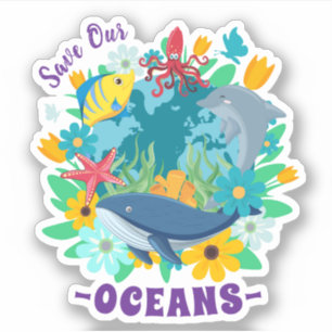 Sticker Sauvez nos océans Fleur Baleine Conception Colorée